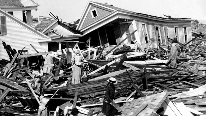 This photo shows damage after the deadly hurricane that slammed Galveston, Texas, on Sept. 8, 1900.