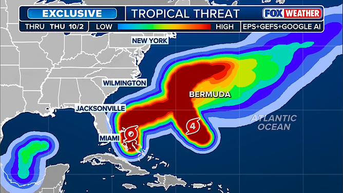 This graphic shows areas where tropical threats are highest in the Atlantic.