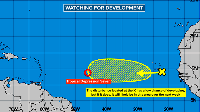 This graphic shows information on development chances for a tropical wave in the Atlantic.