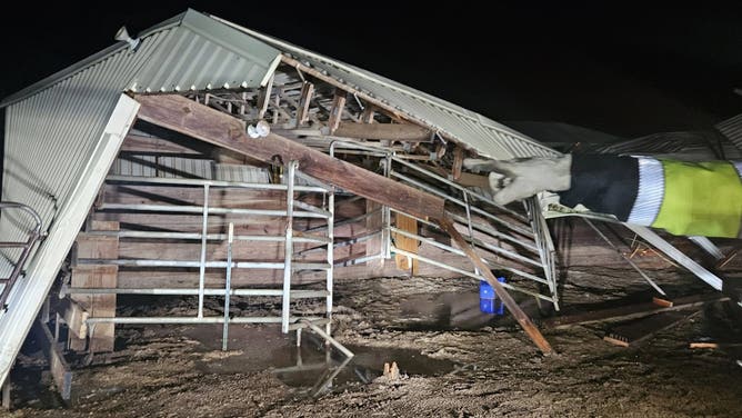 A barn collapse after storms in Gunter, Texas on Sept. 5, 2025.