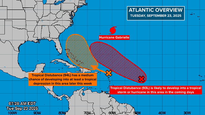 This graphic shows development odds for invests 93L and 94L in the Atlantic on Sept. 23, 2025.