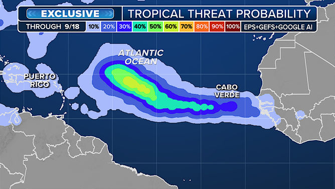This graphic shows the tropical threat probability in the Atlantic Basin.