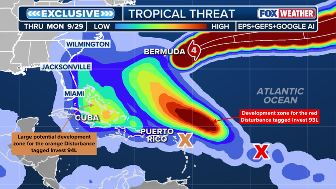 This graphic shows the tropical threats in the Atlantic.