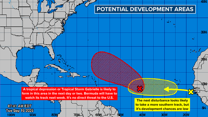 This graphic provides an overview of the tropical Atlantic Basin and development odds for Invest 92L and a new threat off the coast of Africa.
