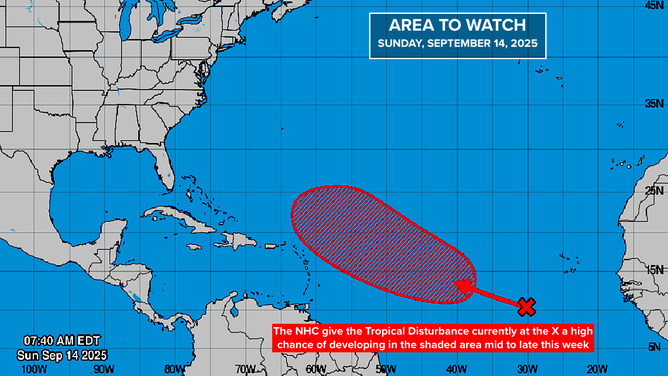 This graphic provides details on the development chances of a disturbance in the Atlantic on Sept. 14, 2025.