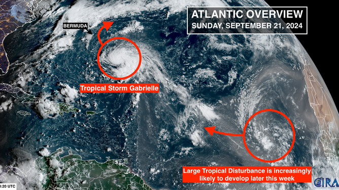 This satellite image shows Tropical Storm Gabrielle and a tropical wave in the Atlantic on Sept. 21, 2025.