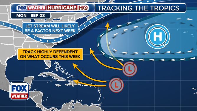 This graphic shows the potential setup for a tropical disturbance in the Atlantic.