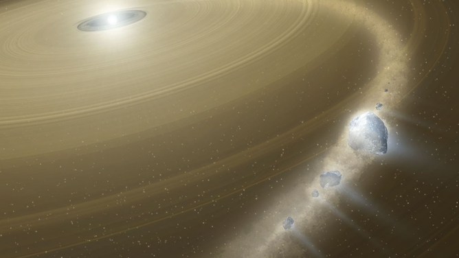 An artist concept showing a white dwarf surrounded by debris.