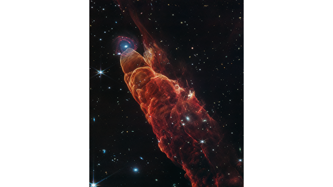 NASA’s James Webb Space Telescope observed Herbig-Haro 49/50, an outflow from a nearby still-forming star, in high-resolution near- and mid-infrared light. The young star is off to the lower right corner of the Webb image.Intricate features of the outflow, represented in reddish-orange color, provide detailed clues about how young stars form and how their jet activity affects the environment around them.