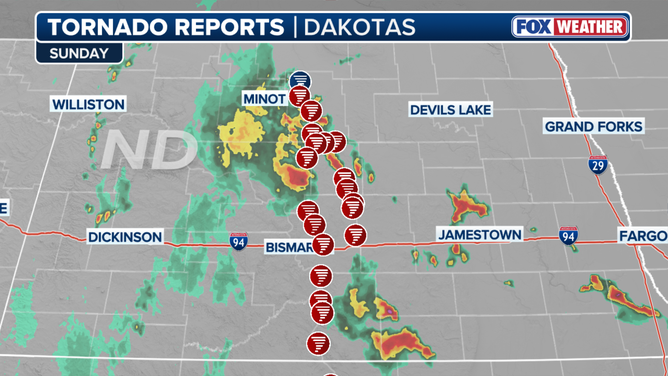 Tornado reports for North and South Dakota on Sunday, Sept. 14, 2025.