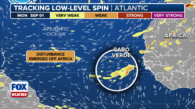 This animated graphic shows the progression of a tropical disturbance in the Atlantic.