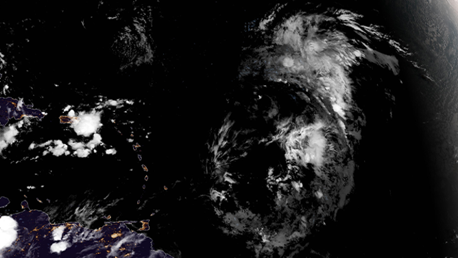 This satellite image shows Tropical Storm Gabrielle on Thursday, Sept. 18, 2025.