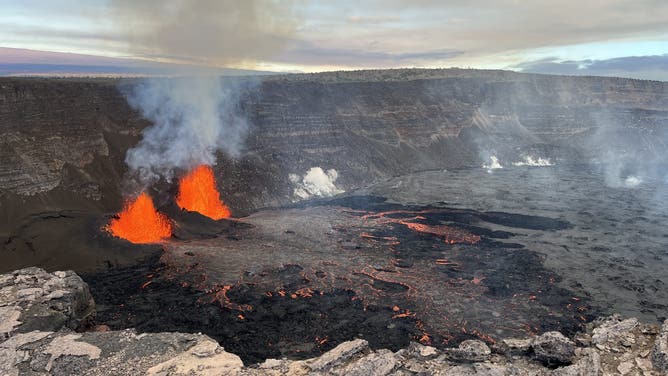 HAWAII, USA - JANUARY 17: (----EDITORIAL USE ONLY - MANDATORY CREDIT - 'USGS/ K. Lynn. / HANDOUT' - NO MARKETING NO ADVERTISING CAMPAIGNS - DISTRIBUTED AS A SERVICE TO CLIENTS----) A view of the two vents erupting in the southwest part of Halemaumau Crater in Kaluapele (Kilauea summit caldera) at approximately 6 a.m. HST on January 16, 2025 in Hawaii, United States. USGS Hawaiian Volcano Observatory geologists in the field this morning measured the lava fountains as reaching approximately 60 meters (197 feet) high. Lava fountains are feeding lava flows that are active in Halemaumau in the southwest part of the caldera.
