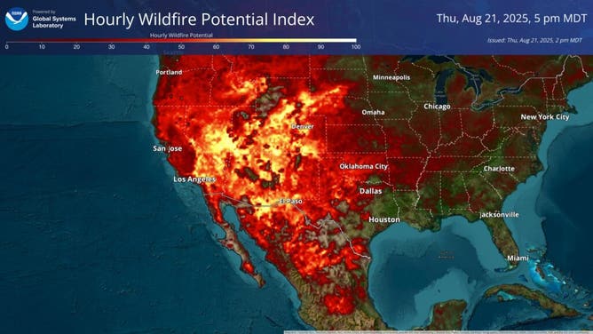 This visualization displays conditions favorable for wildfire growth across the U.S. on August 21, 2025 at 5 pm MDT.