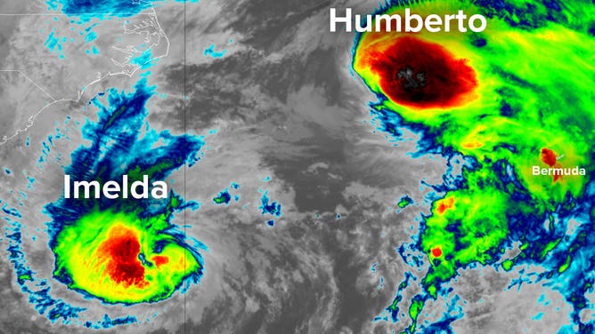 Hurricane Imelda and Humberto are seen in proximity to Bermuda in a satellite image taken Sept. 30, 2025.