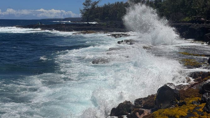 This image shows waves crashing onshore at Hawaiian Paradise Park on Sunday, Sept. 7, 2025.