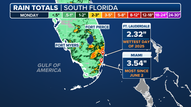 Florida standout rain totals on Monday.