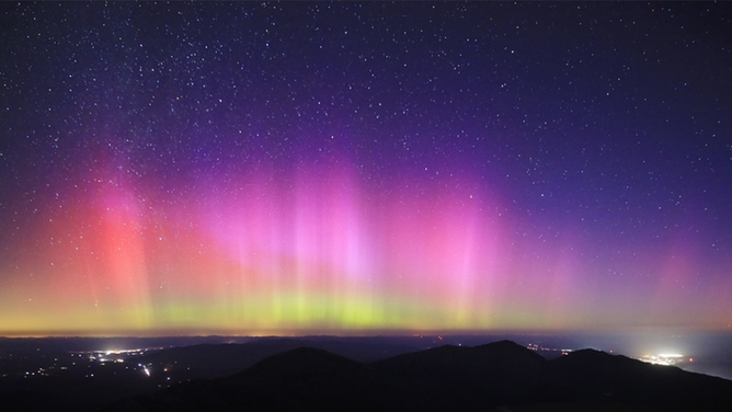 Aurora lights seen from the peak of Mount Washington on Tuesday, Sept. 30, 2025.