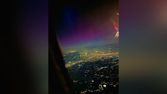 This image shows the Northern Lights visible from the air above Pittsburgh on Sept. 1, 2025.