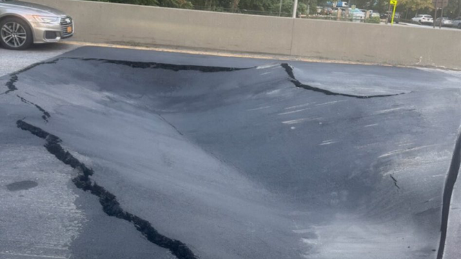 Damage to part of Saw Mill River Parkway Southbound in Dobbs Ferry, New York on Sunday, Sept. 7, 2025.