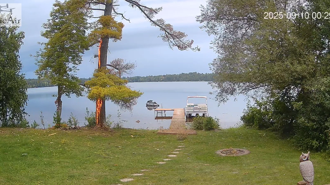A fire started at the base of the tree after the lightning strike.