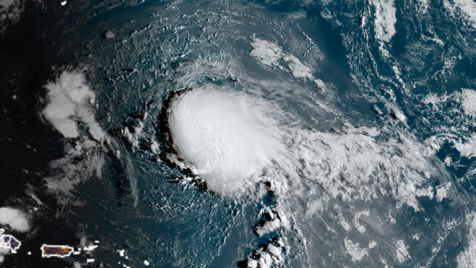 Tropical Storm Gabrielle as seen from GOES-19 West satellite on Saturday morning.