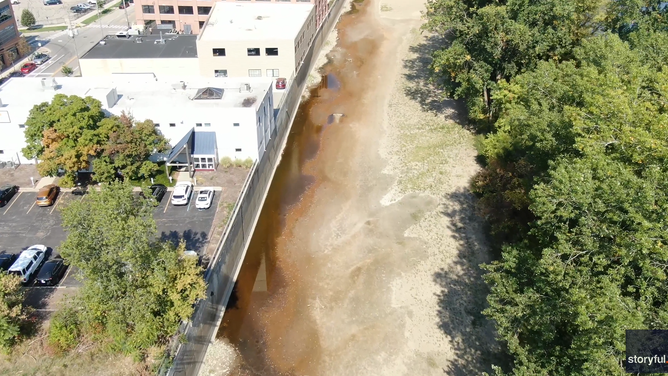 Banks of the Grand RIver are dry as Michigan's drought worsens.