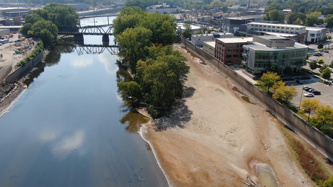 Part of the river banks of the Grand River are dry as river levels reach new lows in 2025. 