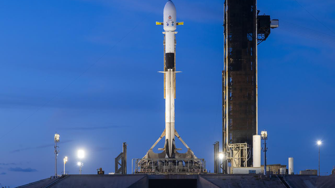 A SpaceX Falcon 9 rocket with NASA’s IMAP, the agency’s Carruthers Geocorona Observatory, and NOAA's Space Weather Follow On–Lagrange 1 (SWFO-L1) spacecraft stands vertical at Launch Complex 39A as the sun rises on Monday, Sept. 22, 2025, at the NASA’s Kennedy Space Center in Florida.