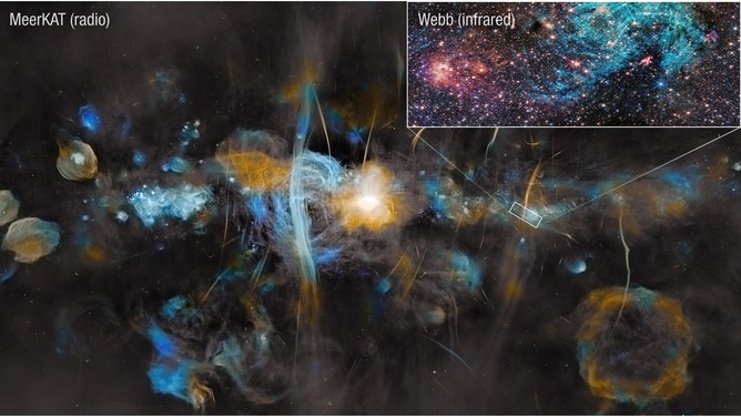 An image of the Milky Way captured by the MeerKAT radio telescope array puts the James Webb Space Telescope’s image of the Sagittarius C region in context. The MeerKAT image spans 1,000 light-years, while the Webb image covers 44 light-years.