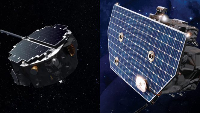 Artist renderings of the Interstellar Mapping and Acceleration Probe (left) and the Carruthers Geocorona Observatory (right).