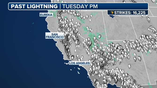 This graphic shows all of the lightning strikes that impacted California on Tuesday, Sept. 2, 2025.