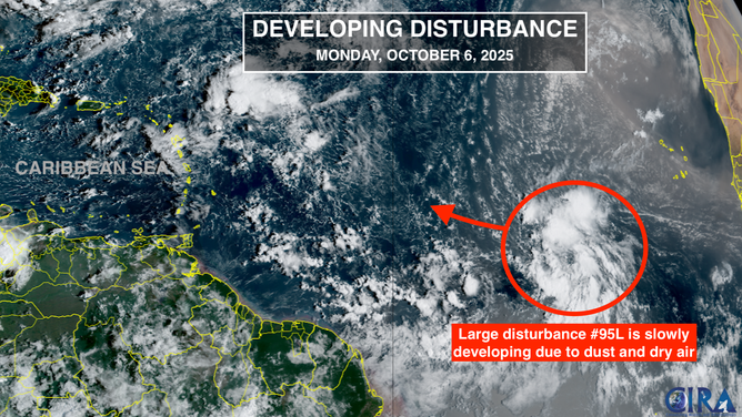 This satellite image shows Invest 95L in the Atlantic on Oct. 6, 2025.