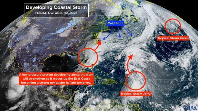Satellite overview of the Nor'easter, Tropical Storm Jerry and Karen.