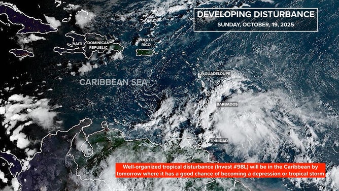 This satellite image shows Invest 98L approaching the Caribbean on Oct. 19, 2025.