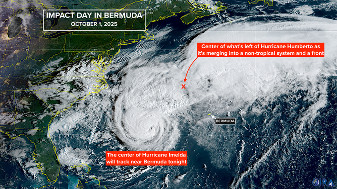 This satellite image shows Hurricane Imelda and Hurricane Humberto on Oct. 1, 2025.
