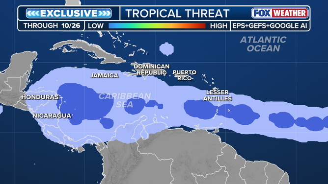This graphic shows the exclusive FOX Weather Tropical Threat Analysis.