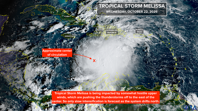 This satellite image shows Tropical Storm Melissa in the Caribbean on Oct. 22, 2025.