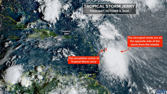 This satellite image shows Tropical Storm Jerry on Oct. 9, 2025.