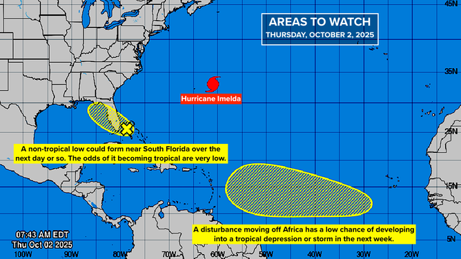 This graphic provides an overview of the tropical Atlantic Basin on Oct. 2, 2025.