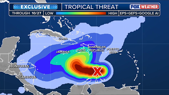 This graphic shows the exclusive FOX Weather Tropical Threat Analysis.