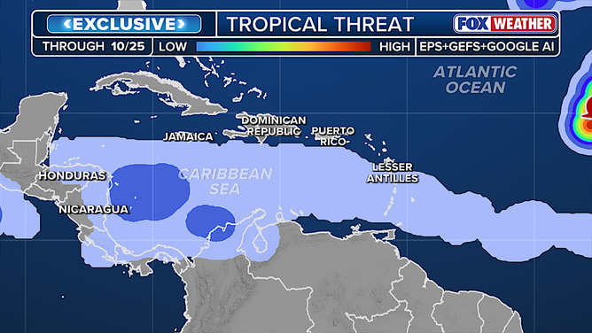 This graphic shows the exclusive FOX Weather Tropical Threat Analysis.