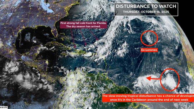 This satellite image provides an overview of the tropical Atlantic Basin on Oct. 16, 2025.