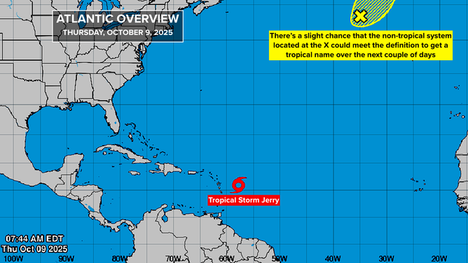 This graphic provides an overview of the tropical Atlantic Basin on Oct. 9, 2025.
