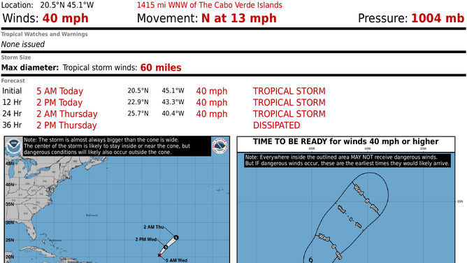 This graphic shows the latest information on Tropical Storm Lorenzo on Oct. 15, 2025.