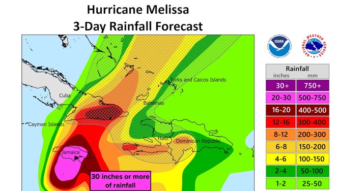 This image shows the forecast rain totals from Hurricane Melissa.