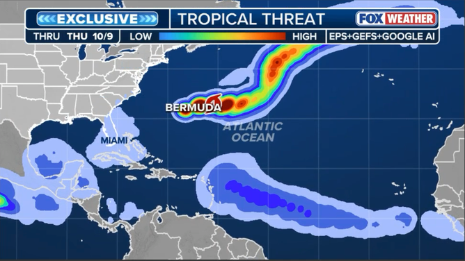 This graphic shows the FOX Weather exclusive Tropical Threat Analysis.