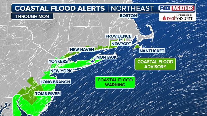 This graphic shows coastal flood alerts in the Northeast and New England.