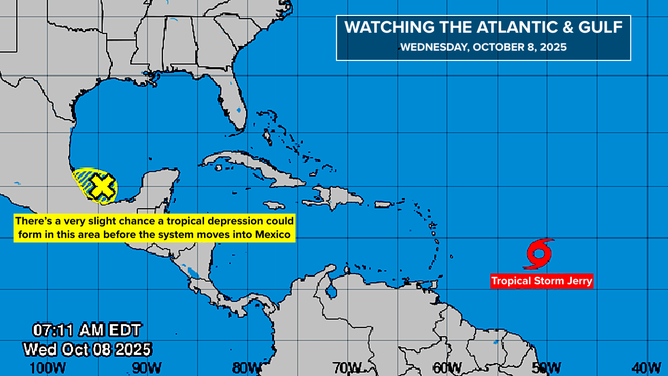 This graphic provides an overview of the tropical Atlantic Basin on Oct. 8, 2025.