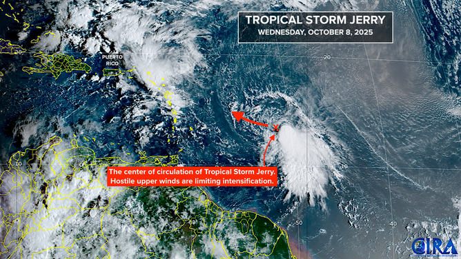 This satellite image shows Tropical Storm Jerry in the tropical Atlantic Basin on Oct. 8, 2025.